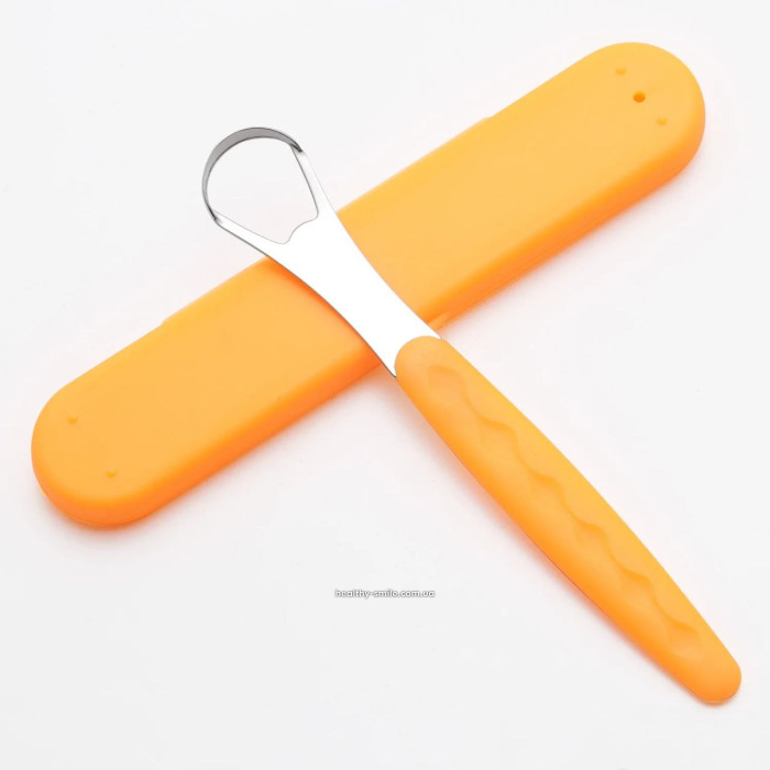 Tongue scraper, double-sided, metal, in case, Orange